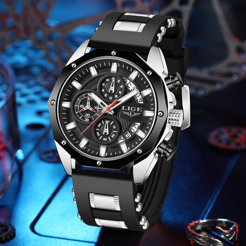 LIGE Top Brand Men\'s Watches Luxury Sports Silicone Quartz Wristwatch Waterproof Luminous Chronograph Watch for Men Date Clock