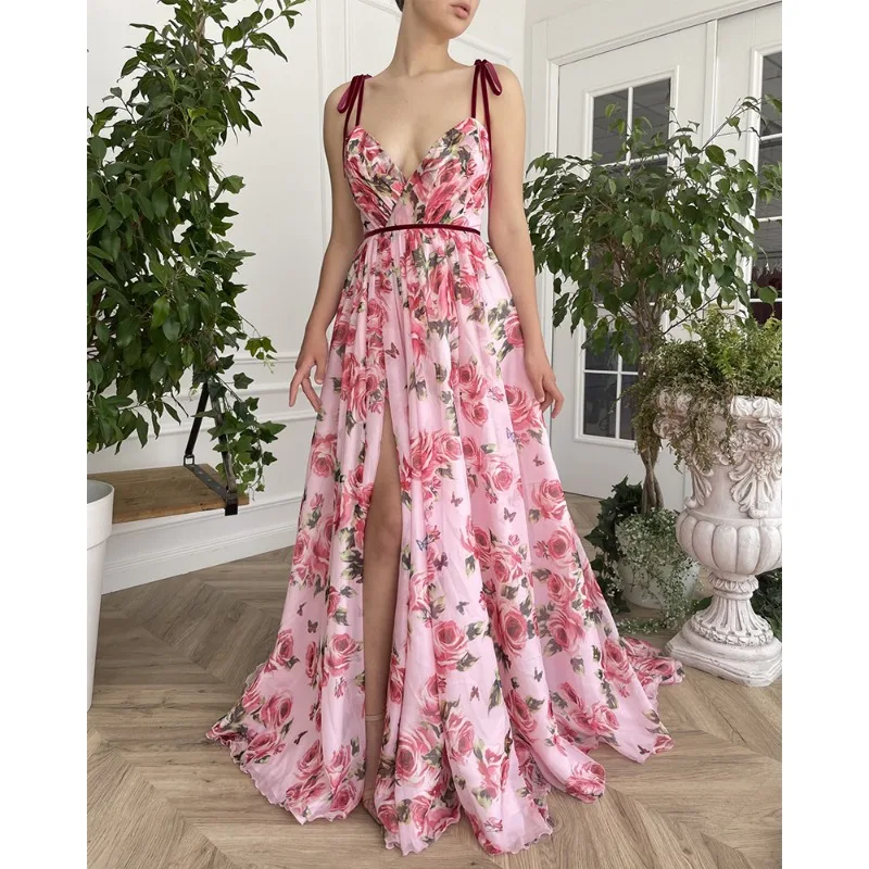 

Summer New Elegant French Women's Retro Print Party Maxi Dress Temperament Commuting Beach Vacation Women Sexy Sling Dresses