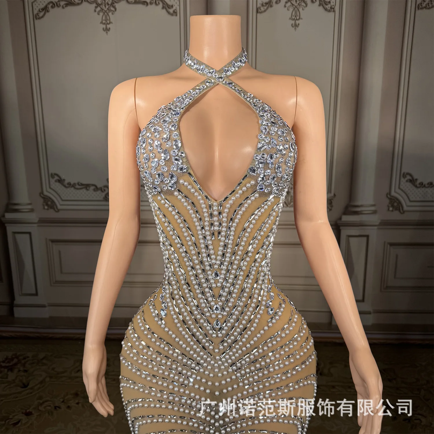 High-end extravagant hollow cross strap sexy halter split dress cocktail dress birthday party engagement banquet evening dress