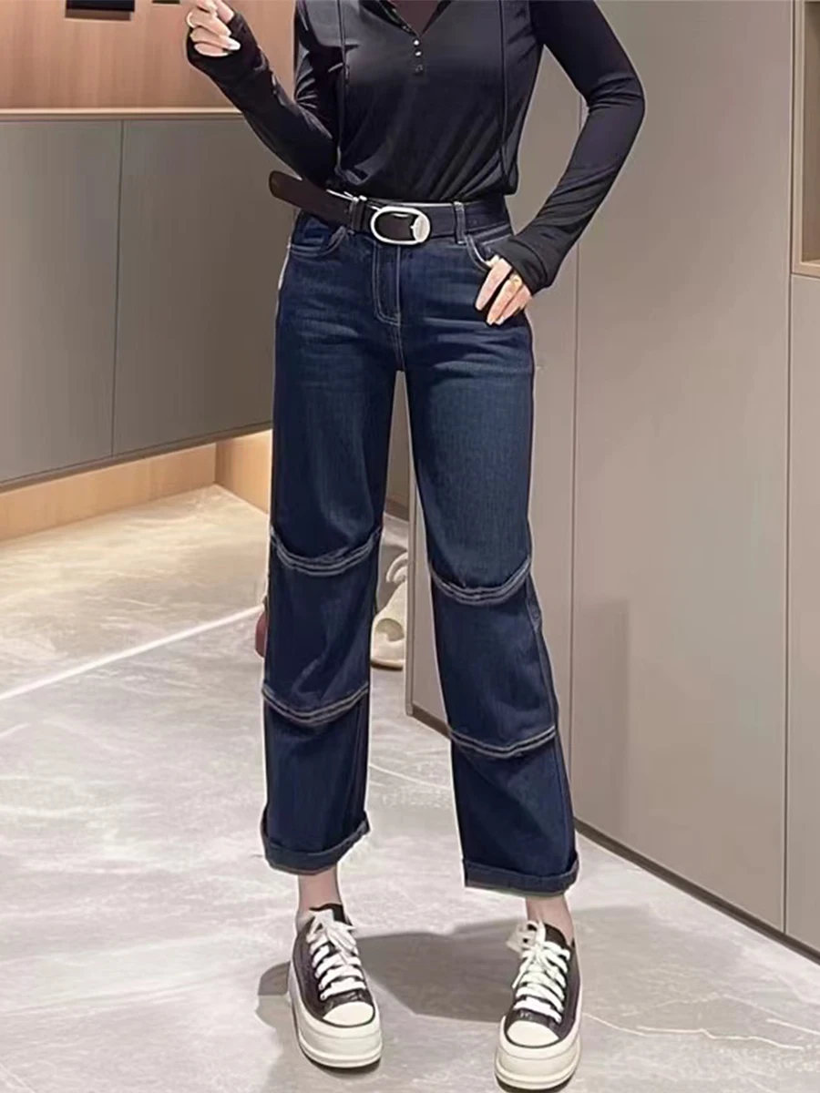 

Джинсы женские с высокой талией, эластичные, свободного кроя, прямые, весна-осень, большие размеры, для стройной фигуры, синие