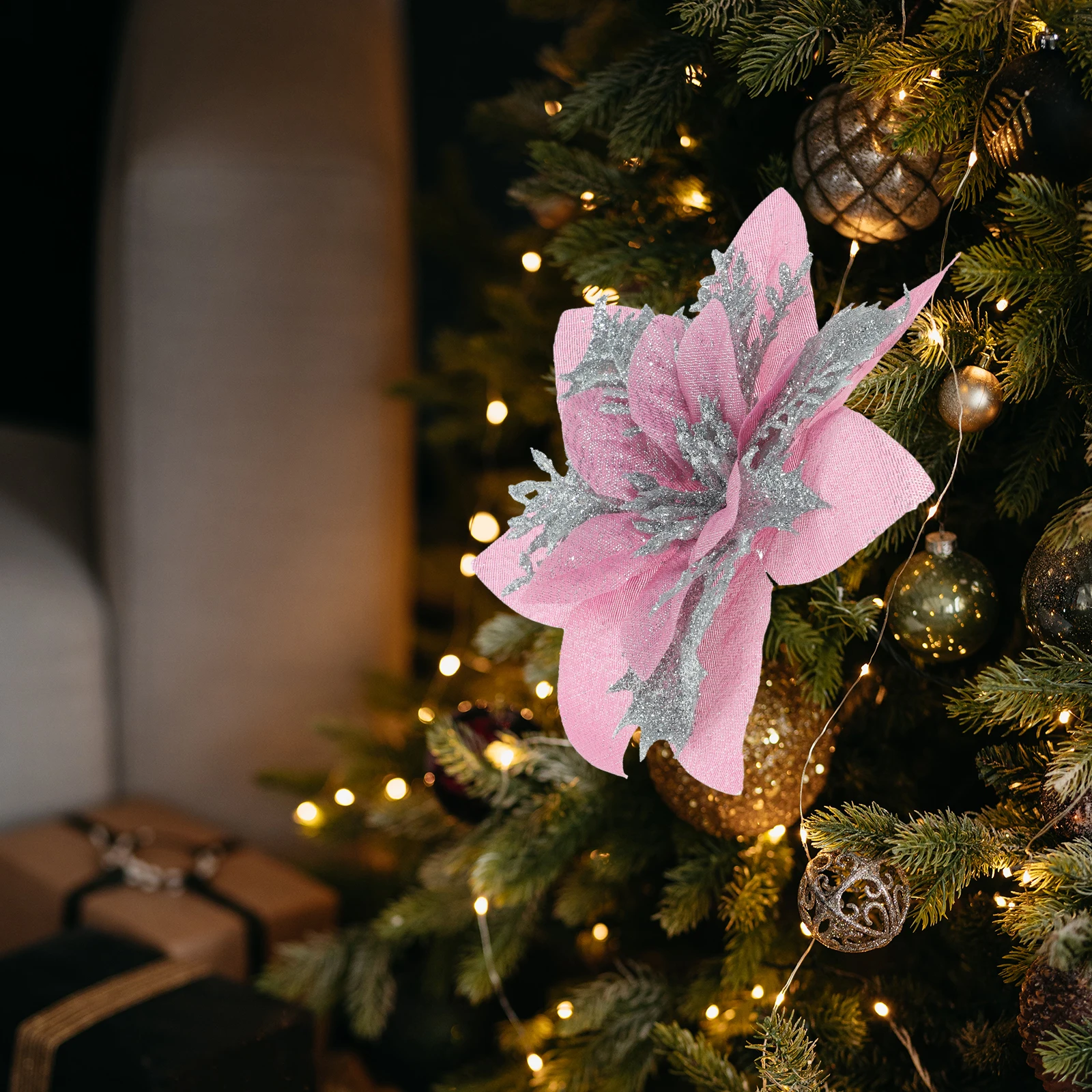 

12Pcs Christmas Tree Flowers Decor Glitter Poinsettia Artificial Xmas Flower for Holiday Decoration Festive Lighting