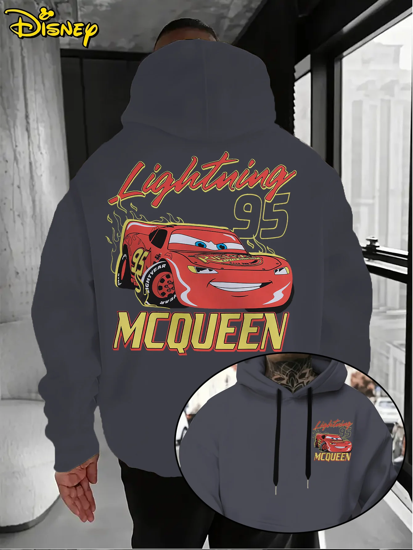 Unisex Disney Cars Cotton Hoodie Red with Animated Car Character Blue Eyes Number 95 Smile Design Yellow Flame Back Print Loose