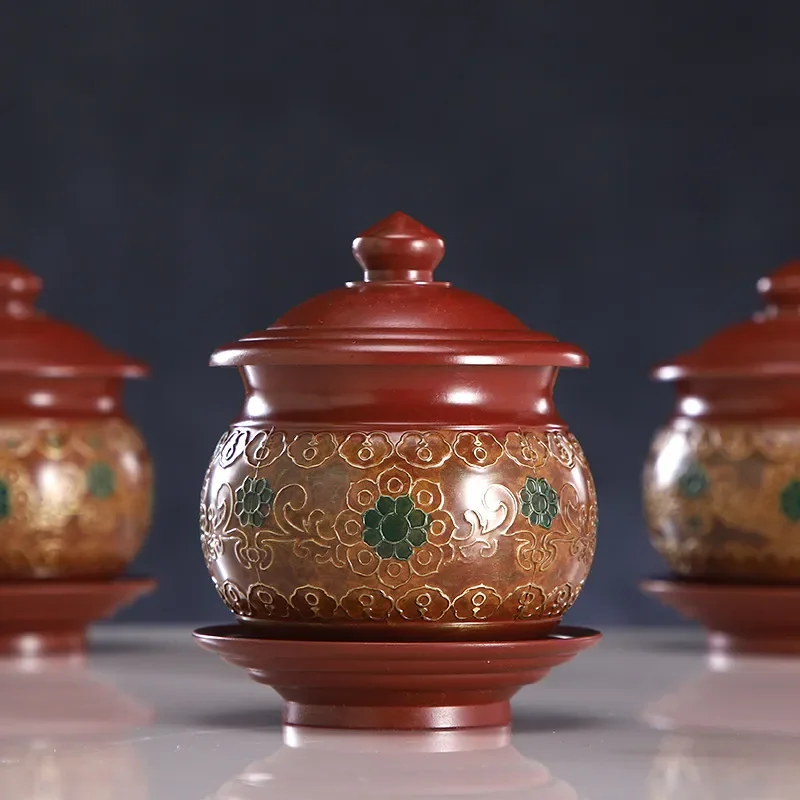 Classical Red Buddha Statue Home Decor Ornament Lotus Lamp Incense Burner Fruit Plate Water Cup for Buddhist Hall Supplies