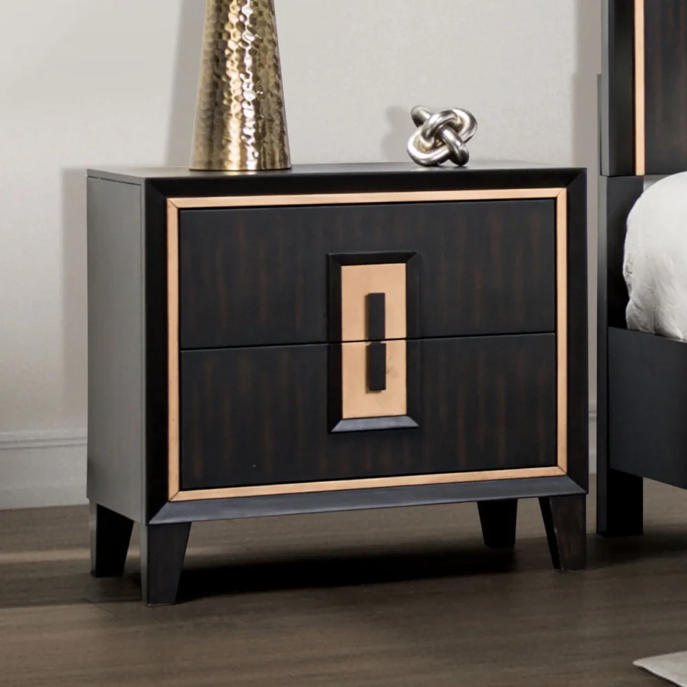 

Modern Espresso Bedside Table Bedroom Furniture 1pc Nightstand Gold Accent Trim Wooden Finger Pull