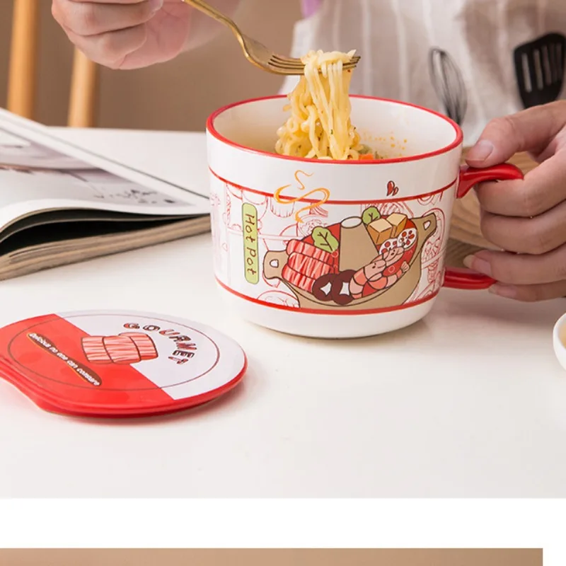 Ins Style Creative Instant Noodle Ceramic Cup Bowl with Cover Bento Box Student Lunch Box Instant Noodle Bowl Soup Bowl Set