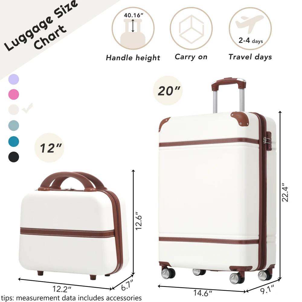 20 IN Hardside Luggage with Cosmetic Case , 2 Piece Lightweight Suitcase Set with Spinner Wheels, Carry on Vintage Luggage,White