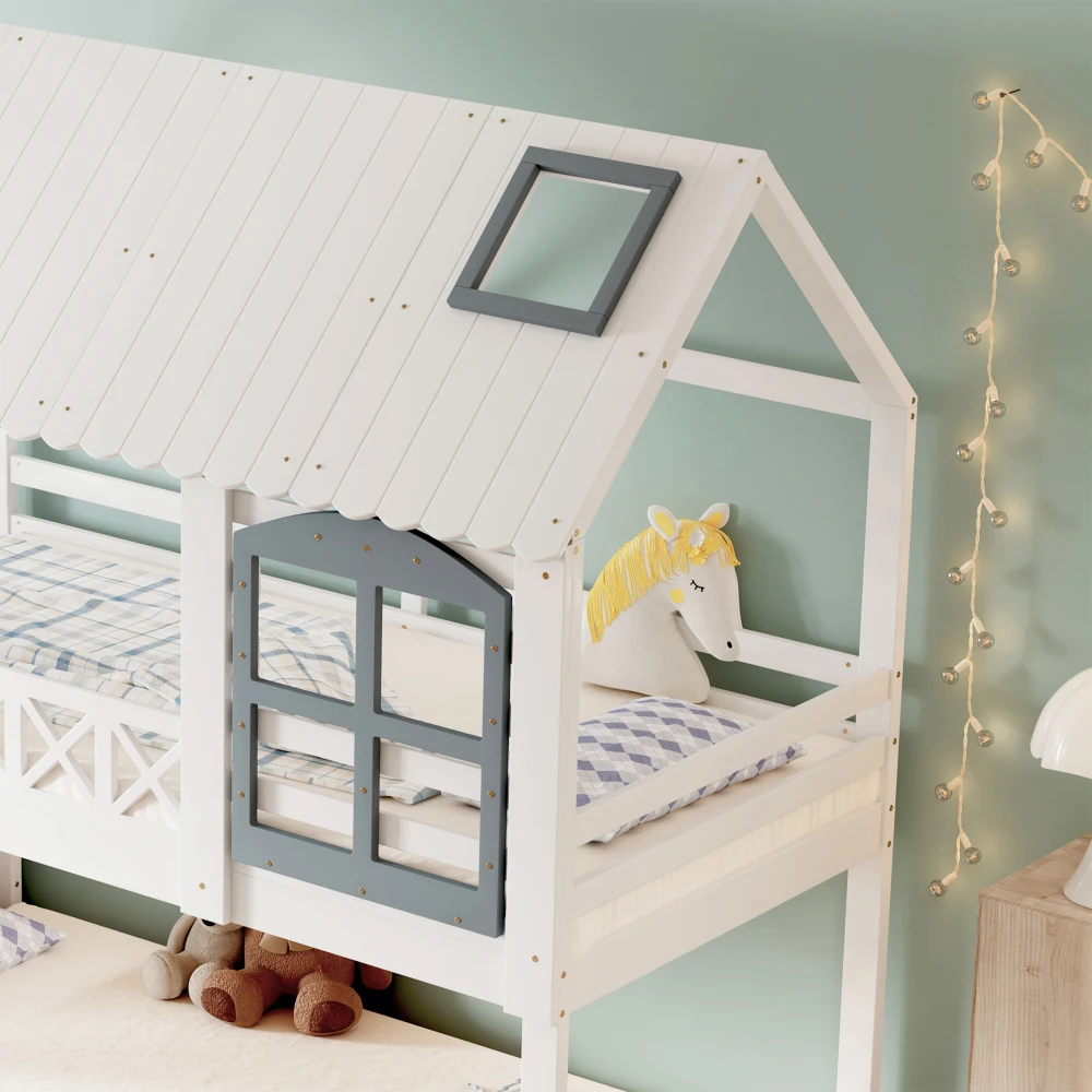 PINGGO Weißgraues Etagenbett 90x200cm mit Dachfenster, Leiter, Fallschirmgitter und 3 Staufächern aus Kiefern-MDF, ohne Matratze – Detail 21