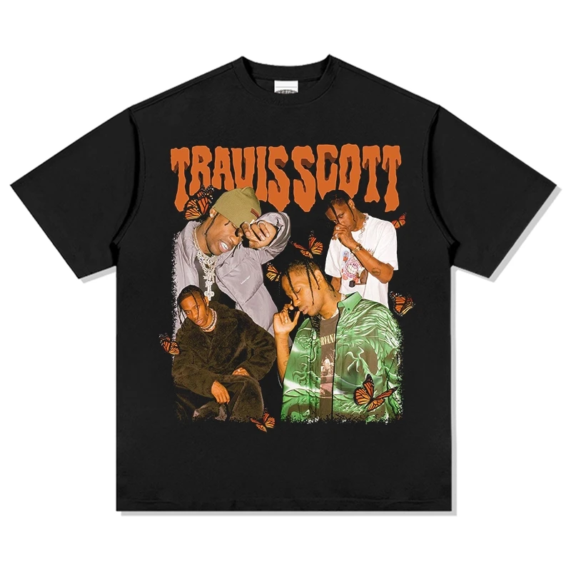 

Футболка с рисунком «Трэвис Скотт» и бабочкой для мужчин и женщин, хлопковая футболка большого размера в стиле хип-хоп, уличная одежда, винтажный рэп, концертный наряд