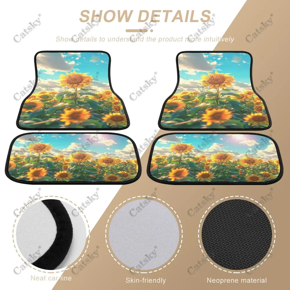 Sunflower Sun Cloud Car Floor Mats 4-piece Front Rear Carpet Stain-resistant Complete Set Suitable for SUV Truck Interior Decor