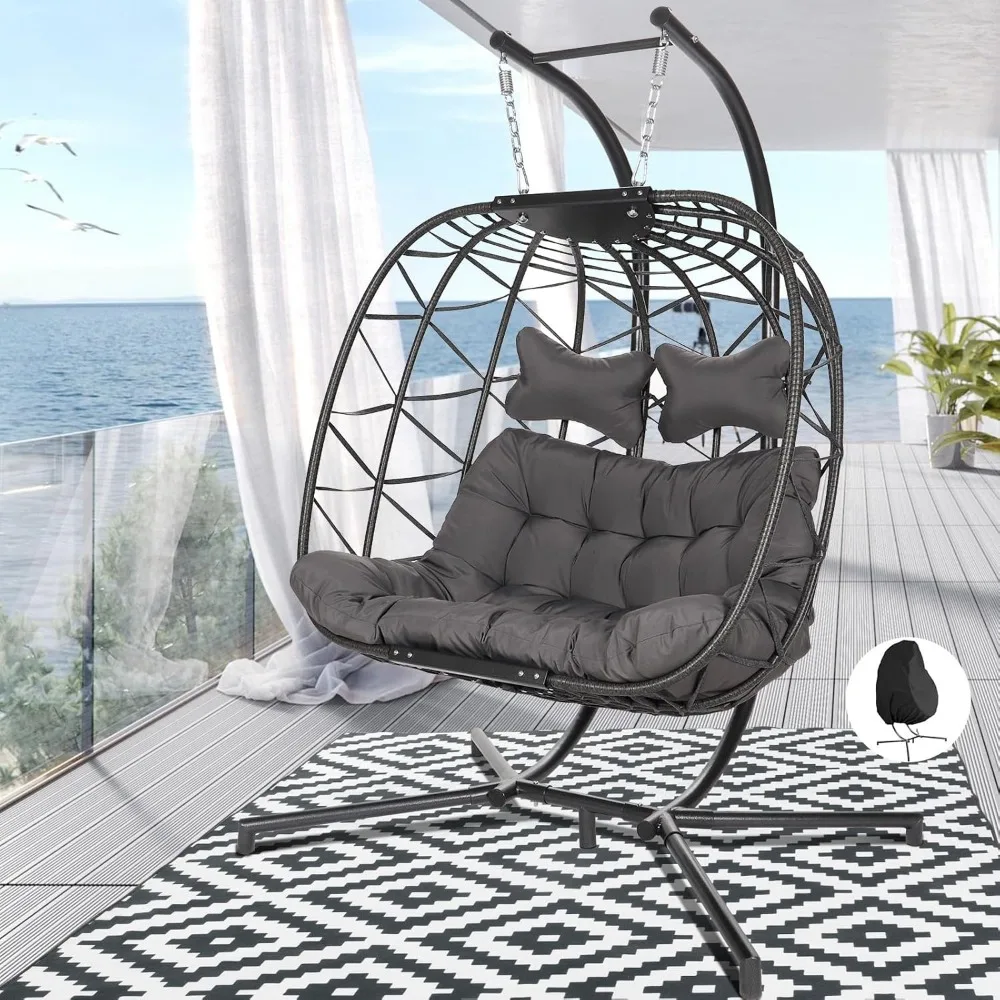 

Indoor Outdoor Oversized Double Hanging Egg Chair with Stand, Foldable Large 2 Person Swing Chair, Hand-Woven PE Wicker Lovesea