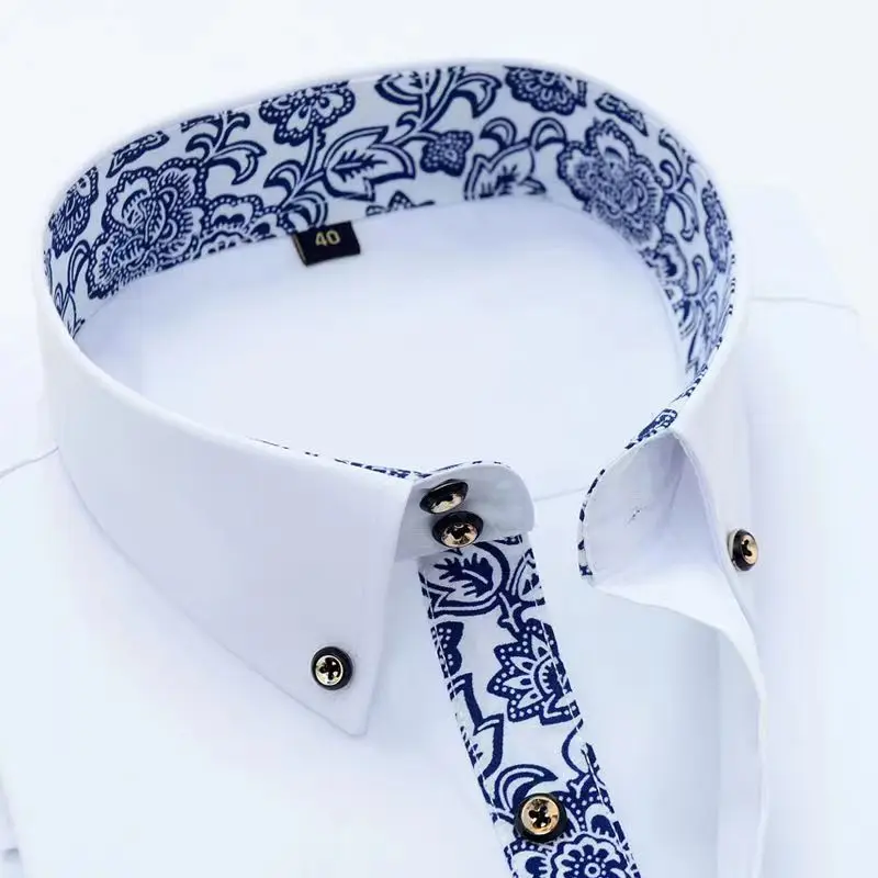 Blue and White Porcelain Collar Dress Shirt for Men,2024 New High Quality Cotton Long Sleeves Men\'s Business Slim Fit Shirts