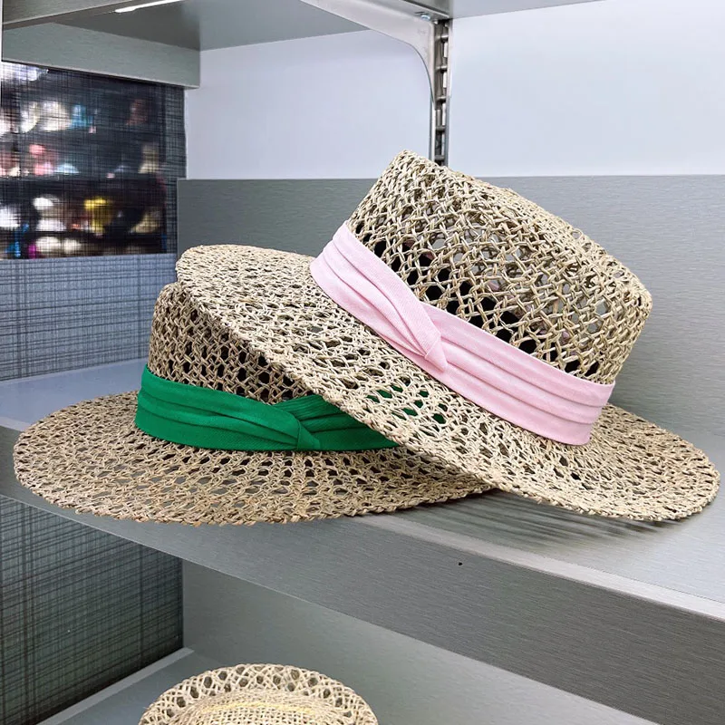 Designer Boater Straw Hats Ribbon Band Sea Grass Sun Hat Breathable Hollow Out Style Beach Hat Fine Braid UPF50+ Hat  for Women