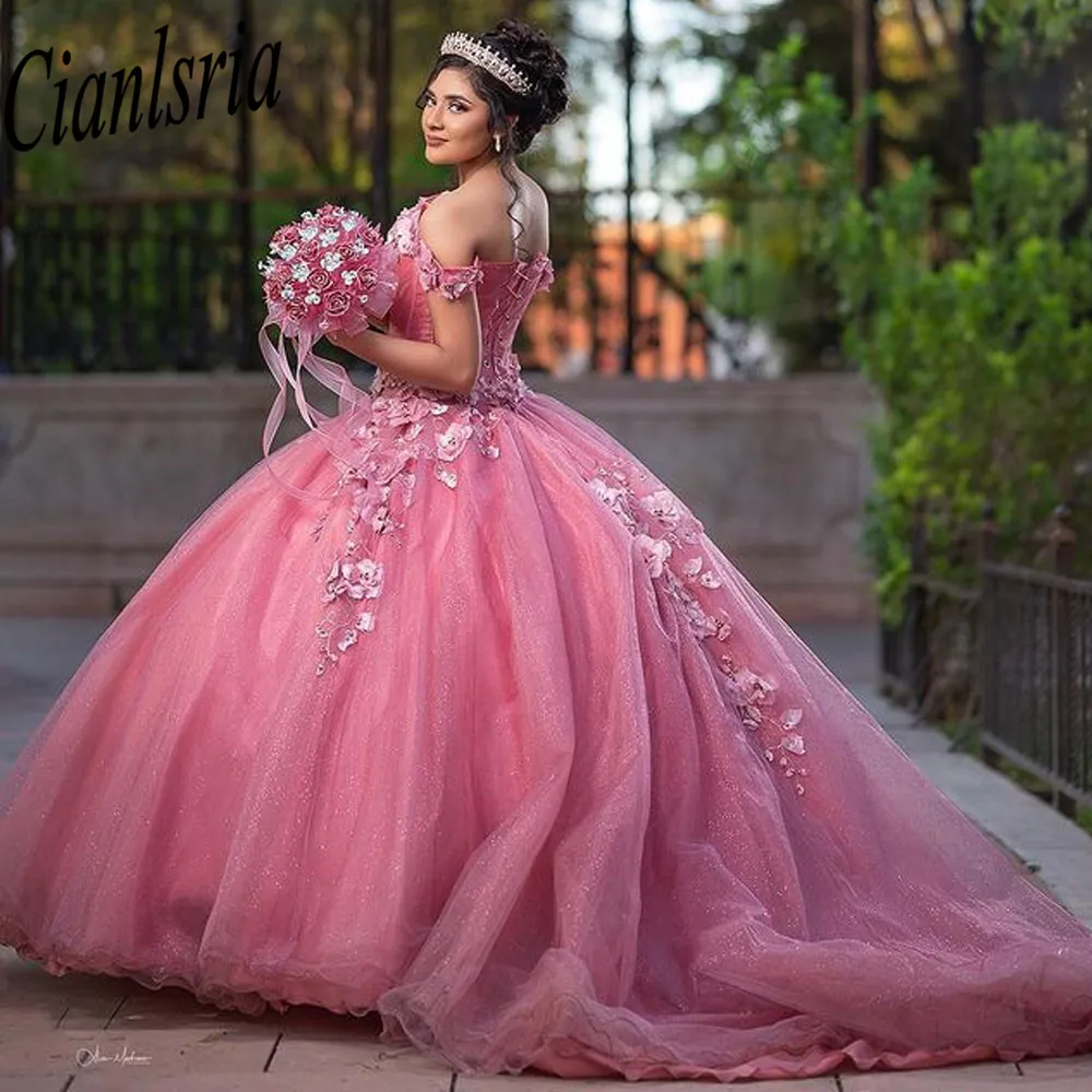 

Pink Off The Shoulder Corset Quinceanera Dresses Ball Gown 3D Flowers Lace Sweet 15 Vestidos De XV Años