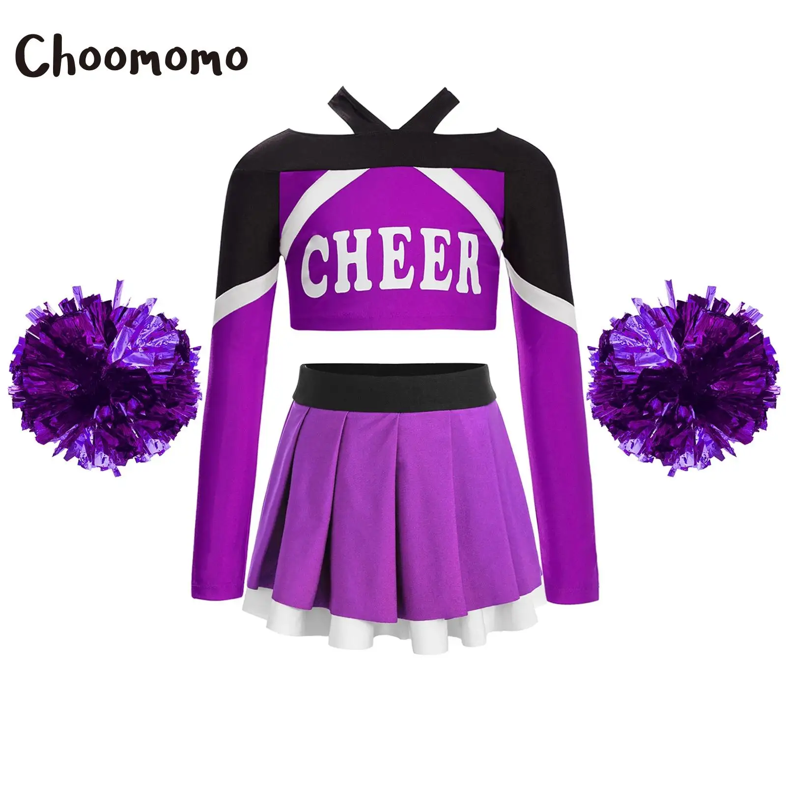 

Childrens Girls Cheerleading Cosplay Costume Dance Uniform Long Sleeve Letter Print Crop Top Pleated Skirt Set with Pom Poms