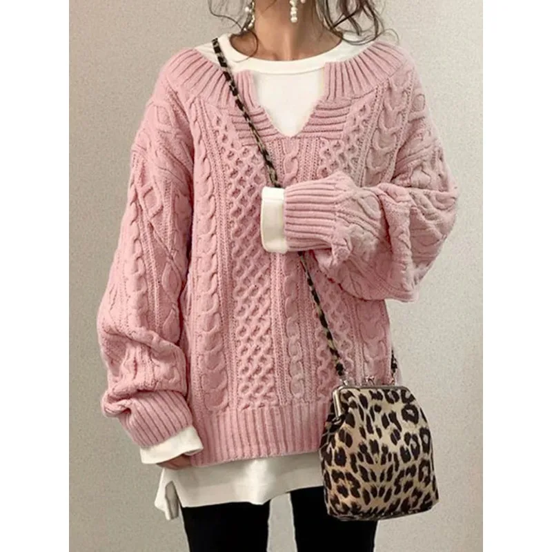 

New Women's Knitted Solid Color Loose Pullover Sweater 2023 Autumn Winter Sweater Top Women's Fashion Long Sleeve V-neck Sweater