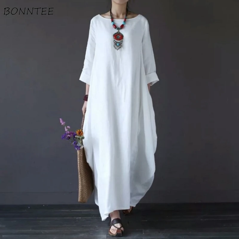 

M-5XL Dresses Women Solid Loose Literary Vintage Ankle-length Casual Daily Minimalist Style Korean Fashion Chic Spring Summer