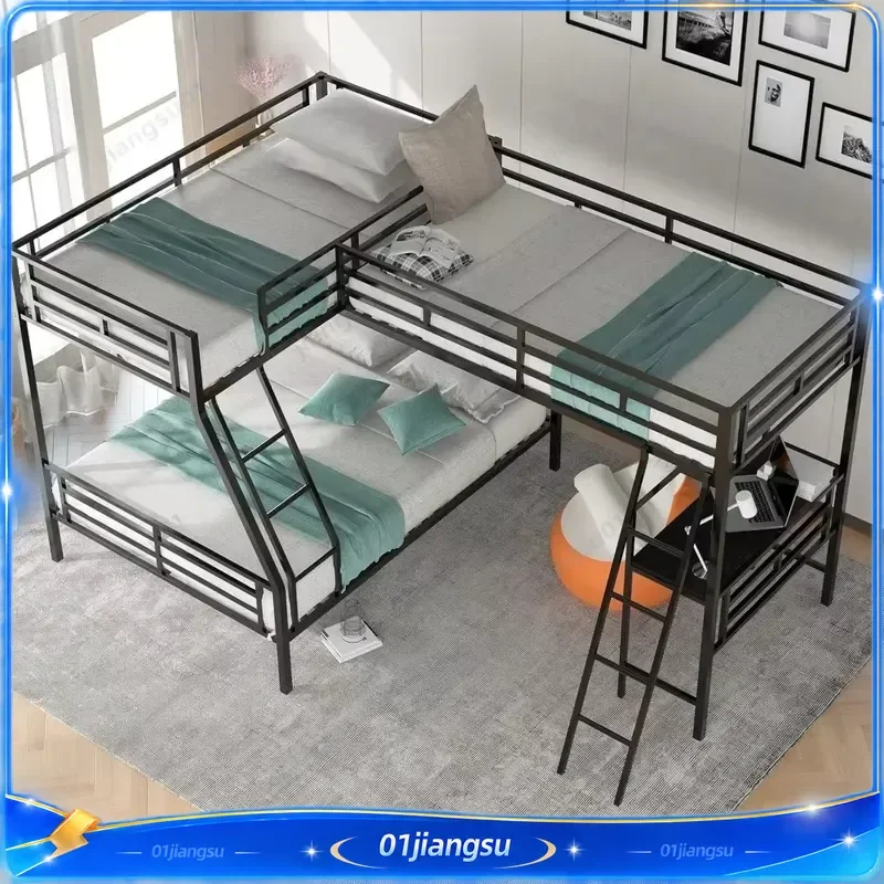 L Shaped Metal Triple Bunk Bed with Desk Twin Over Twin Over Full Size Loft Bed Frame with Ladder Space Saving Kids Bedroom