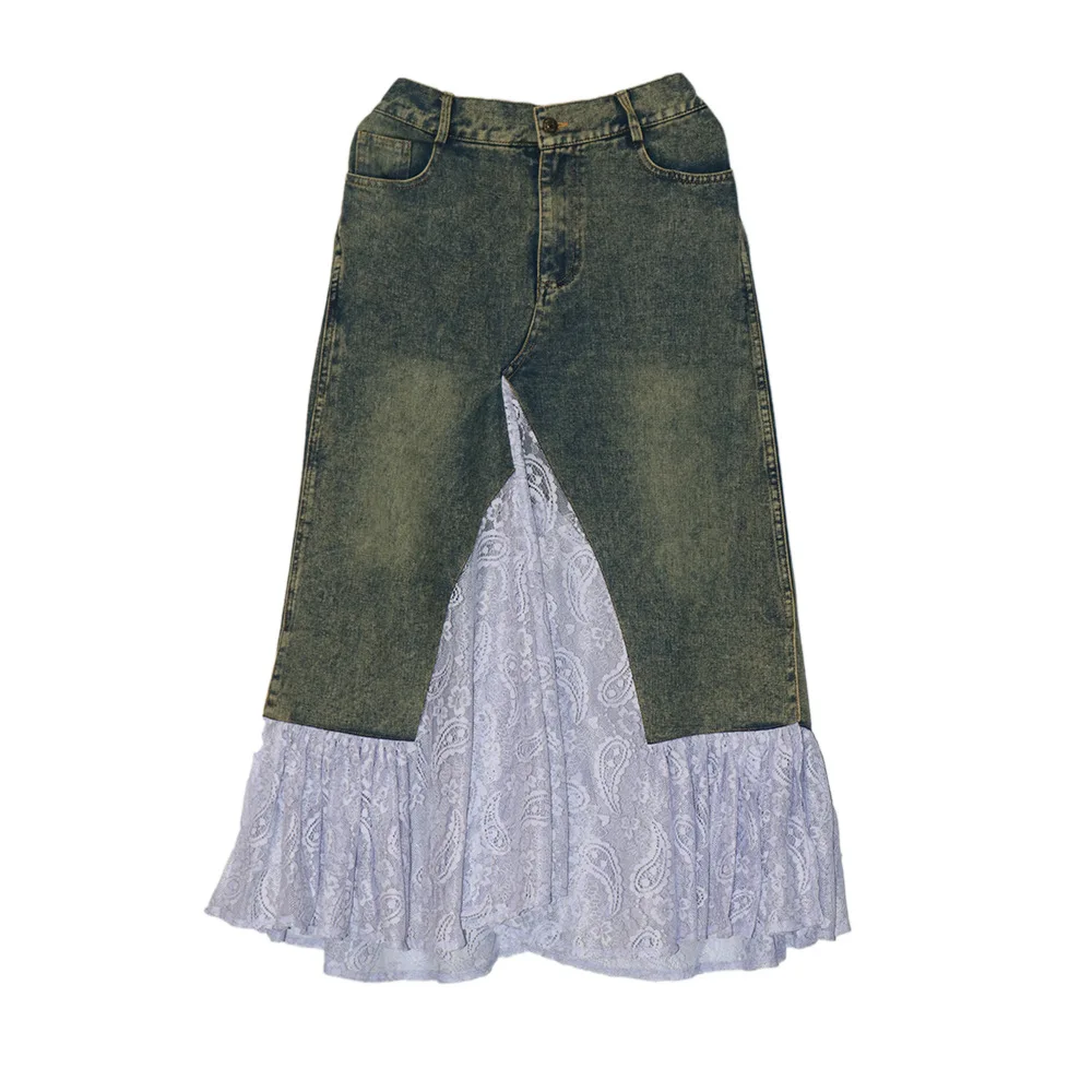 

New Washed Denim Patchwork Lace Skirt With High Waist And Slimming Effect, Loose A-Line Skirt