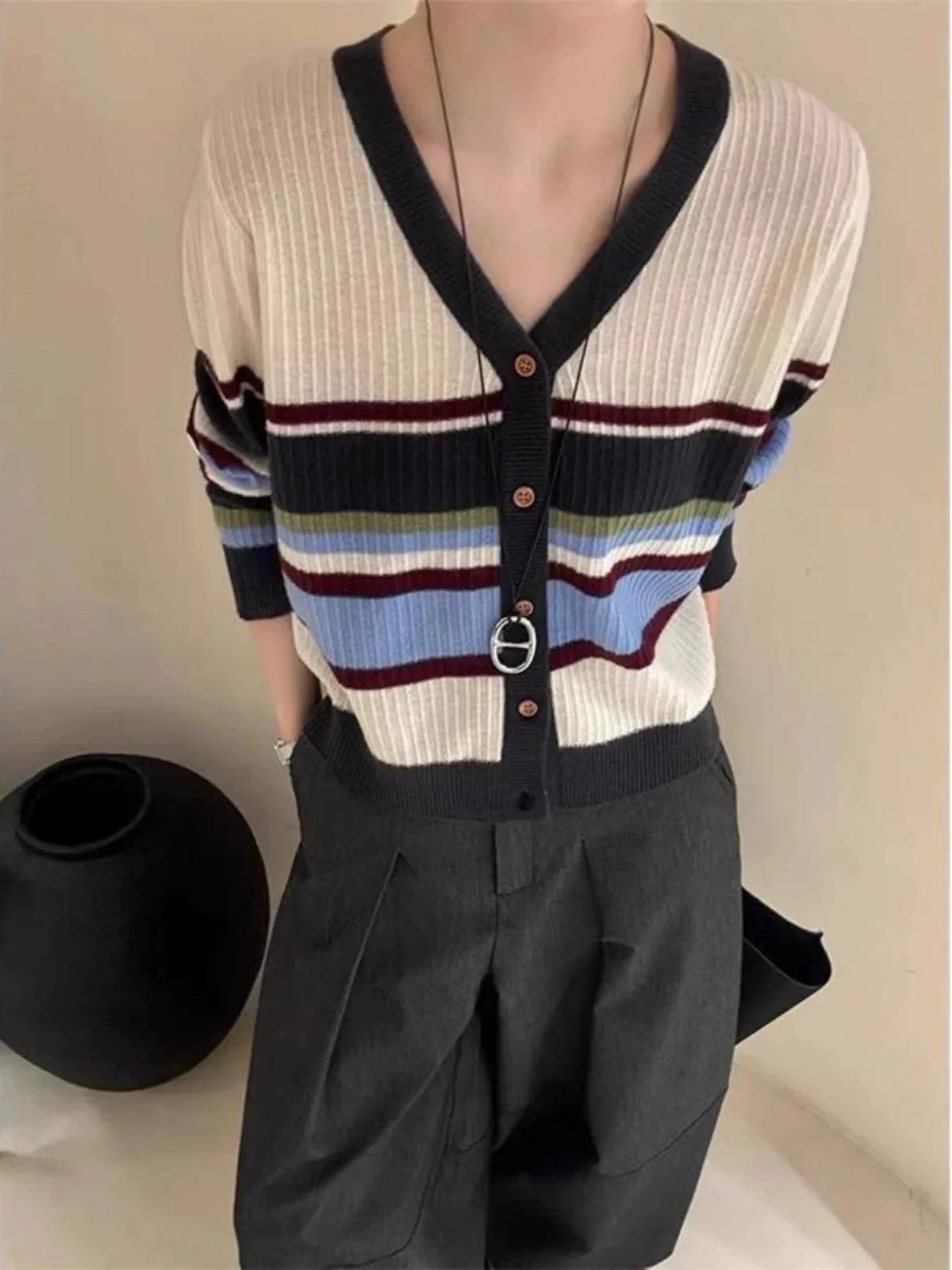 

Women's Stripe Color Block Knitwear Top 2025 New Fall Winter Wool Cardigan Long Sleeve V-Neck Sweater Coat Fashion Leisure Style