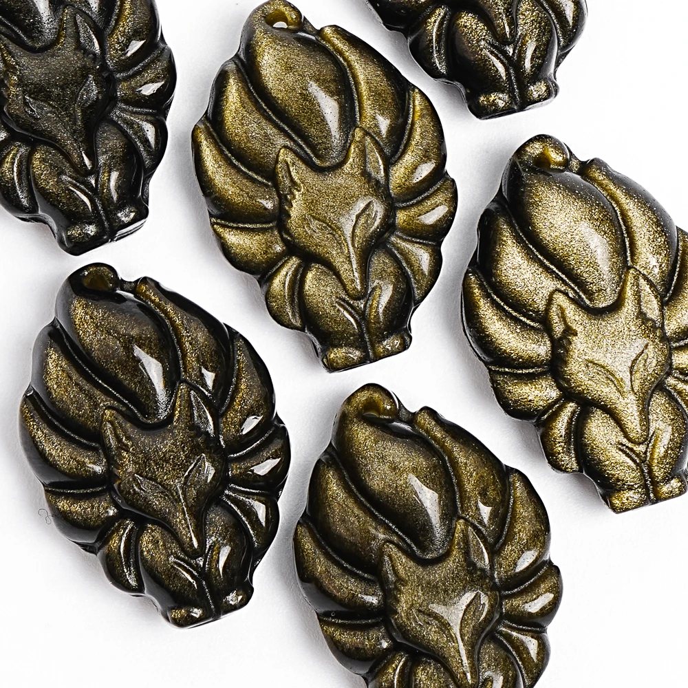 

Dark Golden Obsidian Charm Pendant 31X20X9mm Carved Nine-Tailed Fox Gemstone Finding for Men's Leather Necklace DIY Jewelry