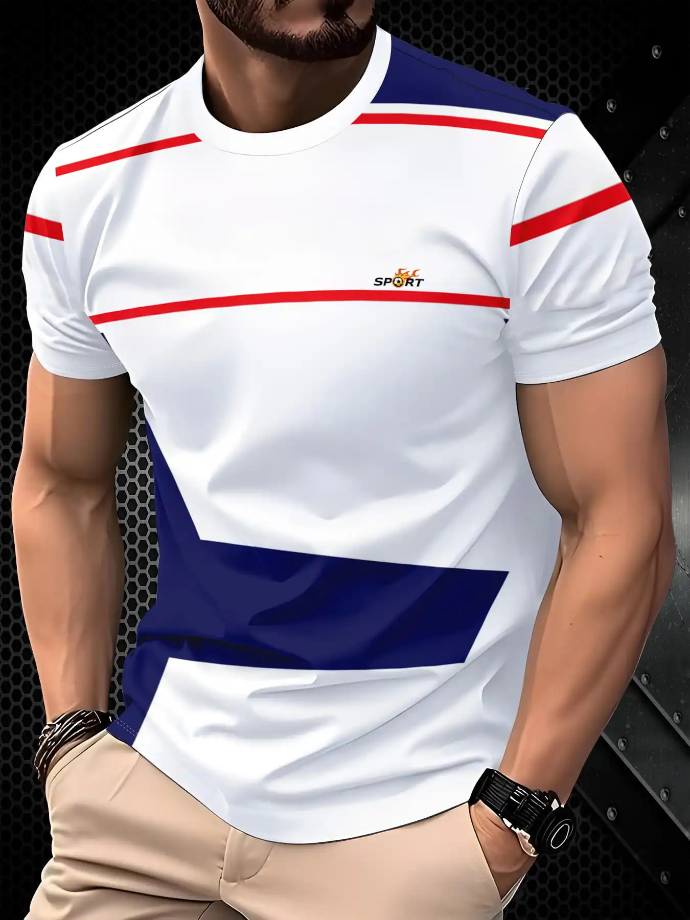 New men's short-sleeve T-shirt, loose-fitting and tailored with printed designs, versatile basic crew-neck top suitable for spri