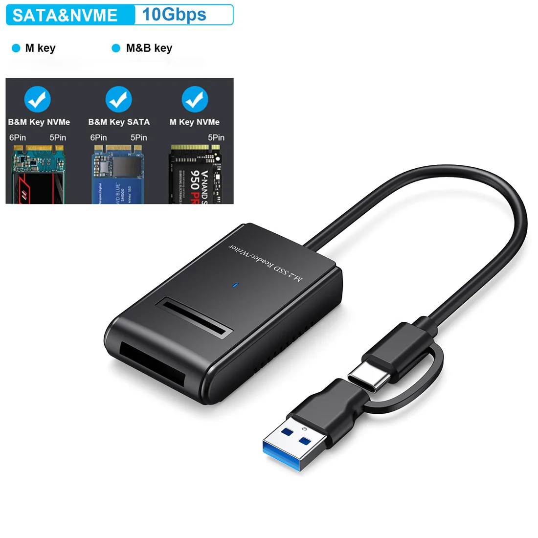 M.2 NVMe&SATA Reader ,M.2 SSD to USB A C Reader Adapter for (M Key, B+M Key) NVMe and SATA NGFF SSD Drives Dock Full Size