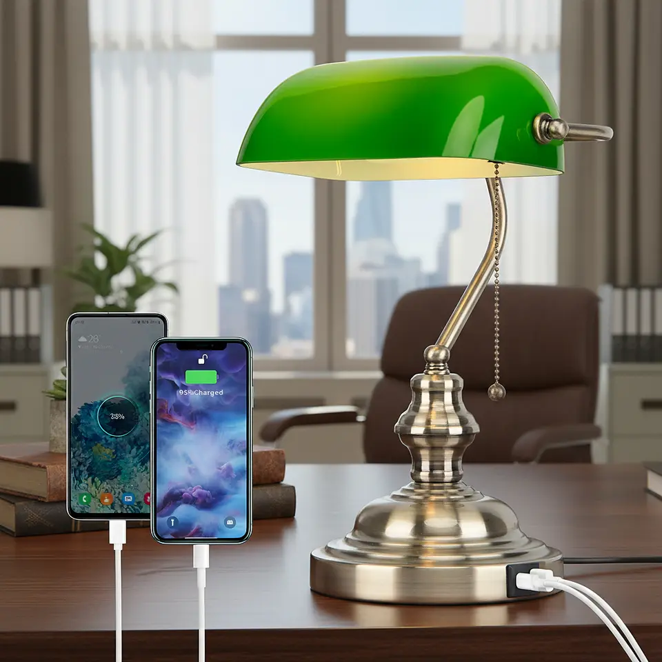 Green Glass Banker's Lamp with 2 USB Charging Ports and Brass Base