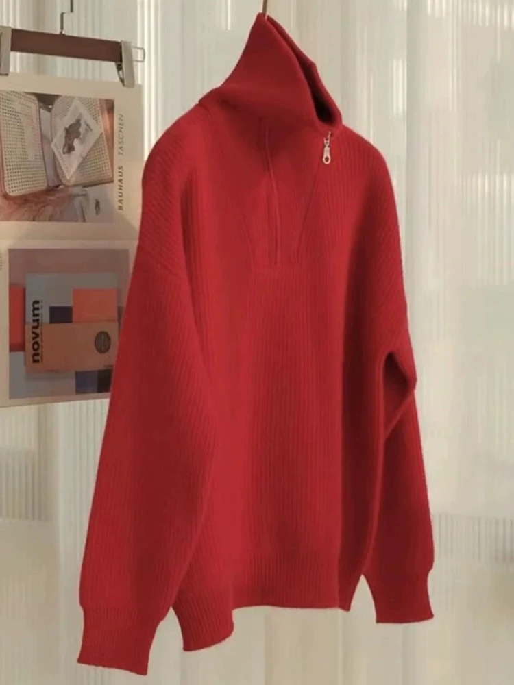 High-End Cashmere Sweater with Half Zipper, Lapel, Half Zipper, Lapel, Year of the Dragon, Red