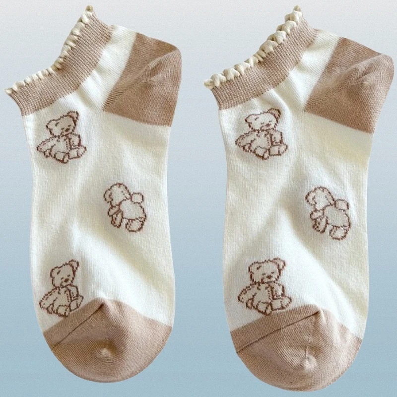 Chaussettes en dentelle de forêt pour femmes, bouche peu profonde, confortables, décontractées, fines, mignonnes, douces, style café, respirantes, ours, été, 5/10 paires