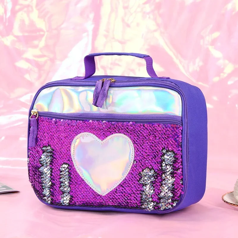 High Quality Fashion Waterproof Reverse Sequin Insulated Kids Girls Boy Lunch Box Glitter Tote Bag Cooler Picnic Pouch for Food