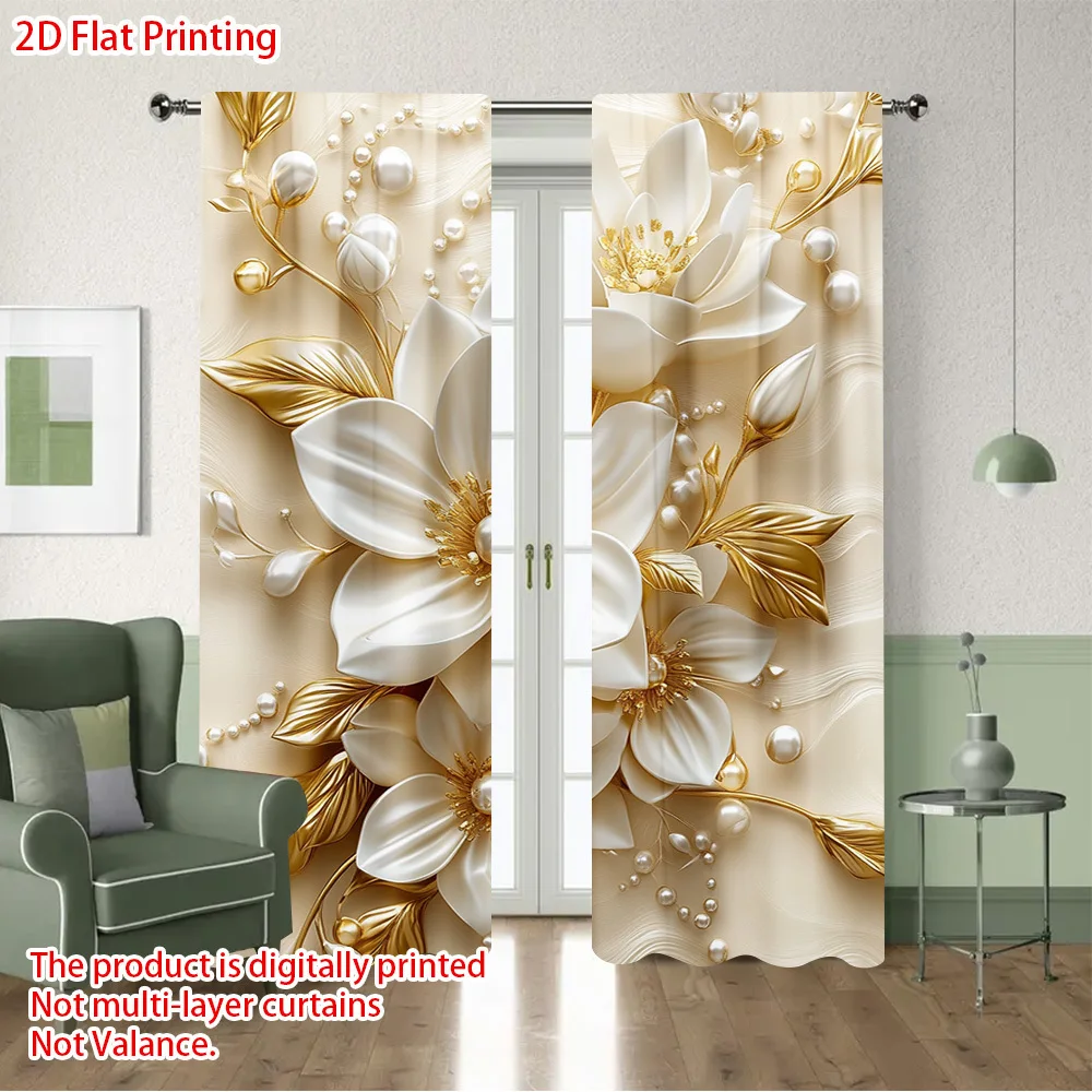 2PCS Digital Printed Curtains, Soft Golden Beaded Flower Delicate Subtle Luxury, Home Decor Style for Living Room Bedroom Decor