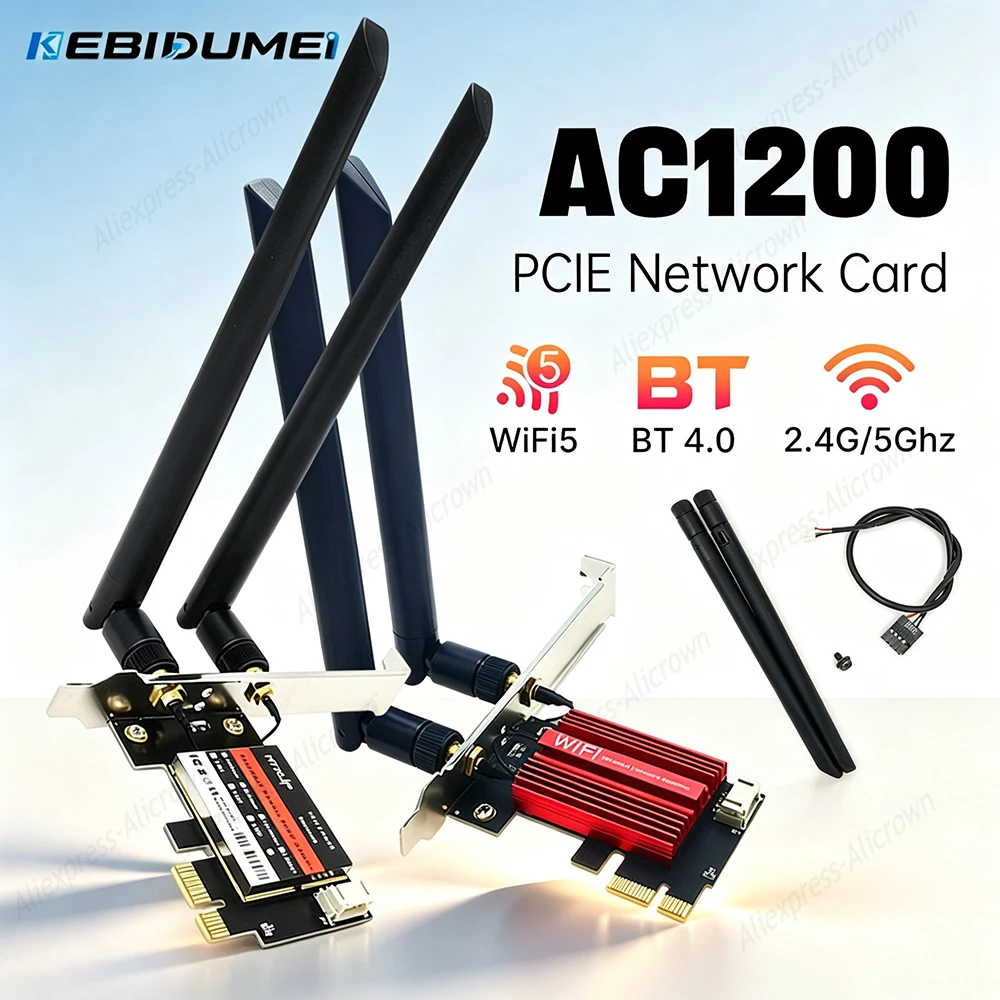 KEBIDUMEI WiFi5 AC1200 PCIE Adapter BT 4.1 Wireless Receiver DW1820 Dual Band 2.4G/5Ghz 300M/1200M Network Card For Win 10/11