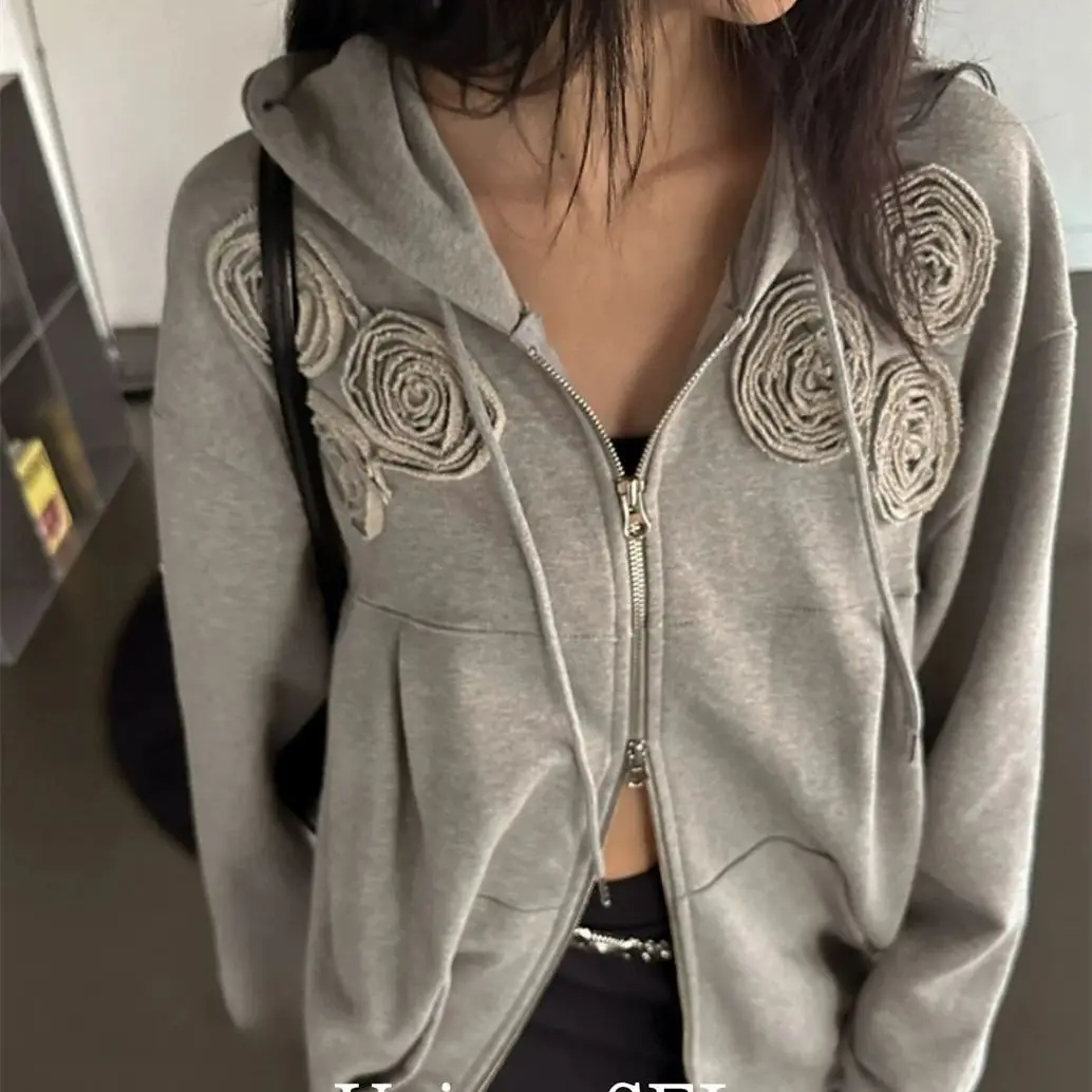 Street Vintage 3d Flower All-match Jackets Mujer 2024 Autumn New Hoodie Sweatshirts Y2k Long Sleeve Loose Zipper Coat Women