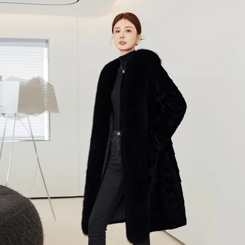 Hot Sales Fashion New winter Real Mink Coat Women Medium Length Mink Fur Coat High Quality Natural Fox Fur Collar Warm Jacket