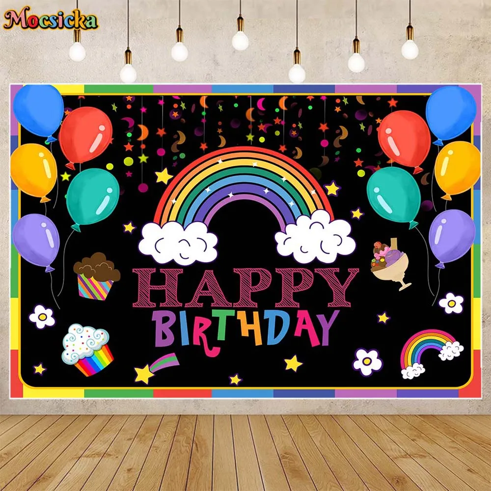 

Mocsicka Rainbow Balloon Kids Birthday Party Decor Photo Background Graffiti Glow Cartoon Black Childrens Backdrop Custom Banner