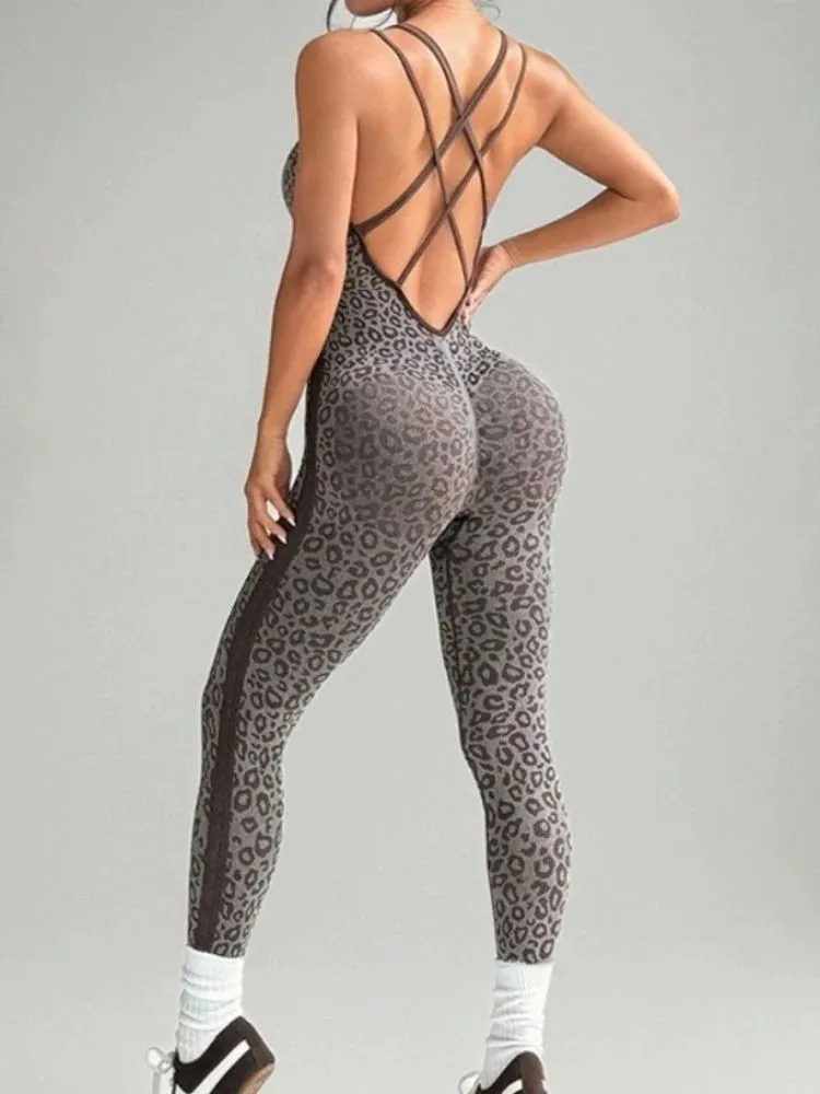 

Leopard Print Sports Jumpsuit Svel Athletic One-Piece Suit Women's Faion Mid-Waist Long Pants Polyester Fiber