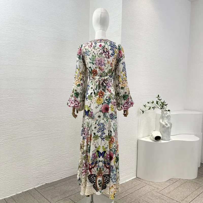 Neue mehrfarbige Blumen Schmetterling Druck voller Ärmel selbst Krawatte Bogen aus geschnitten Diamanten gepresste Frauen Seide hochwertige Midi-Kleid