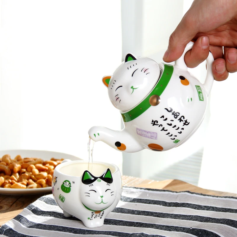 1 Set Maneki Neko Lucky Cat Ceramic Teaware 1 Teapot and 2 Tea Cups Gift Box Porcelain Tea Kettle With Strainer