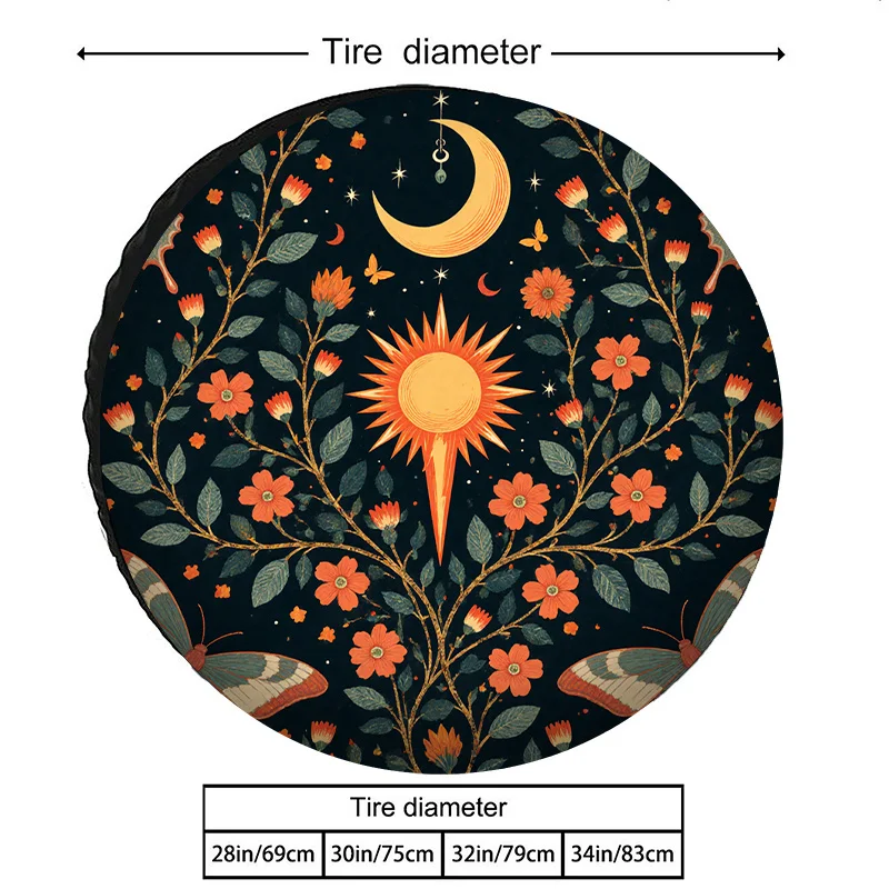 Bohemian Celestial Floral Pattern Tire Cover Polyester Fiber Orange Sun Moon Butterfly Flower Decorative Wheel Protector Vintag
