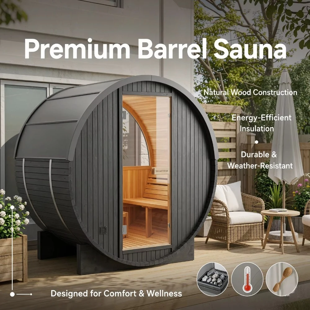 2‑Person Outdoor Traditional Japanese Cedar Barrel Sauna Metal Roof Wet Steam Home Spa Cabin for Garden Backyard Relaxation