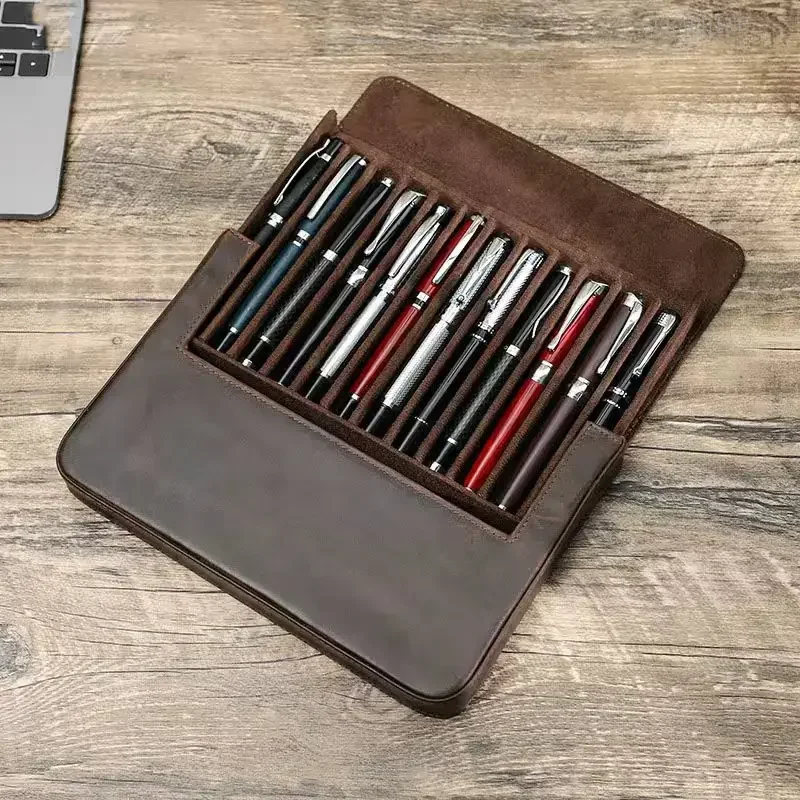 Crazy Horse Leather Large Capacity Pencil Case with 12 Handmade Slots Student Office Stationery Pen Storage Box Business Gifts