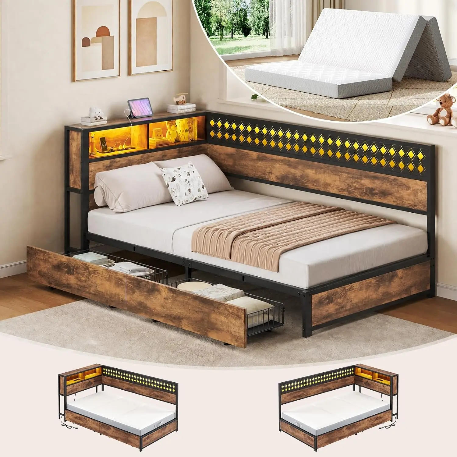 Twin Corner Bed Frame with 4