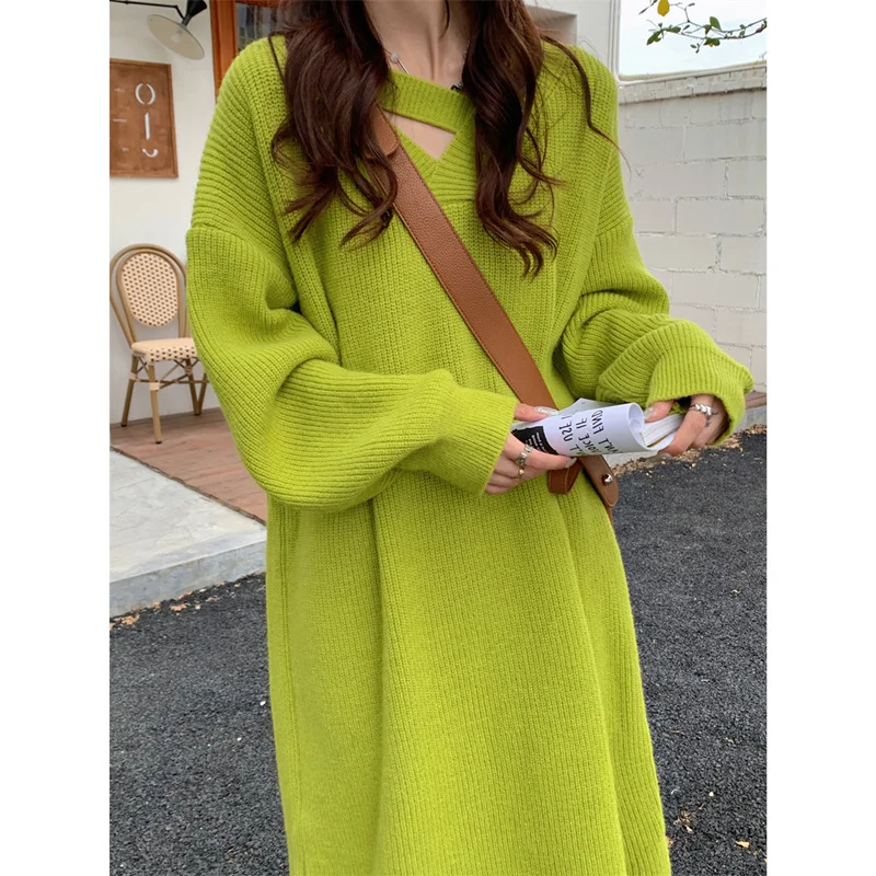 

Vintage Slouchy V-neck Knitted Dress Women's Clothing Autumn Winter Loose Pullover Sweater Dress jp802