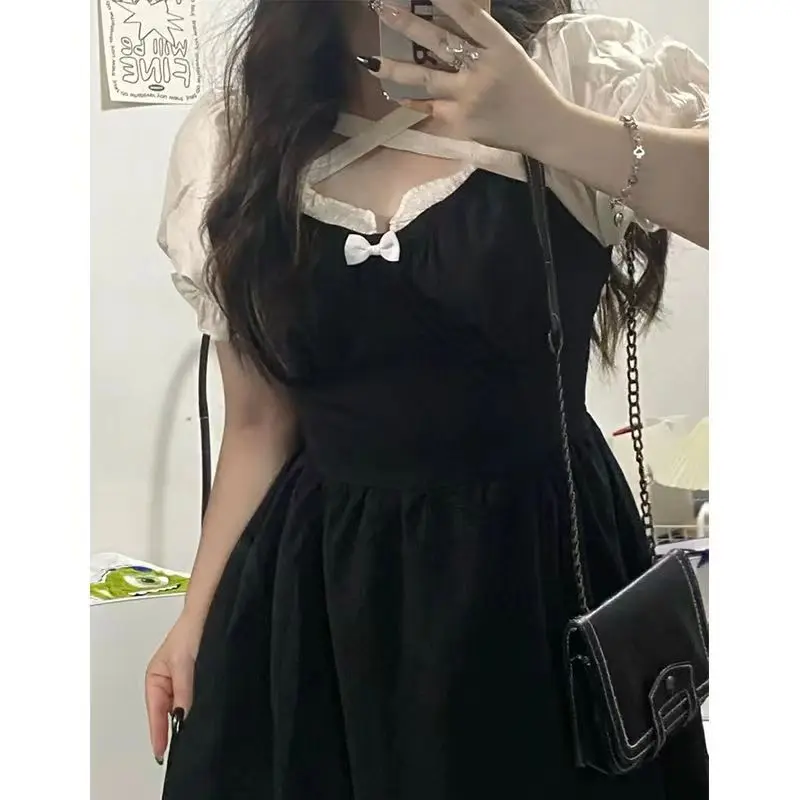 Large Size Women's Bow Tie Tied Dress New Slightly Chubby Mm Concealing Flesh and Showing Thinness Spliced Knee Length Skirt