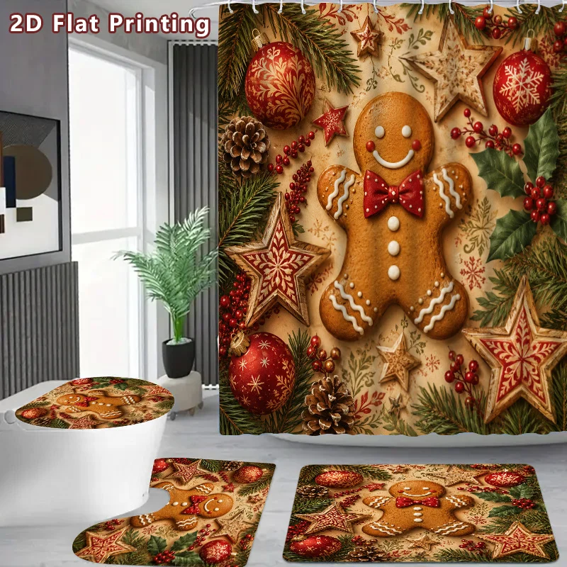 4pc 2D Flat Vintage Gingerbread Man Shower Curtain Set, Red & White Snowflake Pattern, U Mat & Toilet Cover