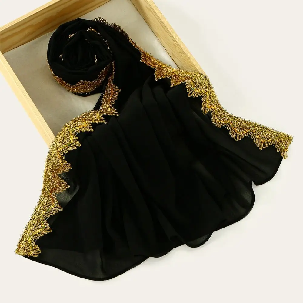 

Элегантный шелковый шифоновый хиджаб-шарф с золотыми длинными пайетками, широкая блестящая женская накидка-шаль для головы