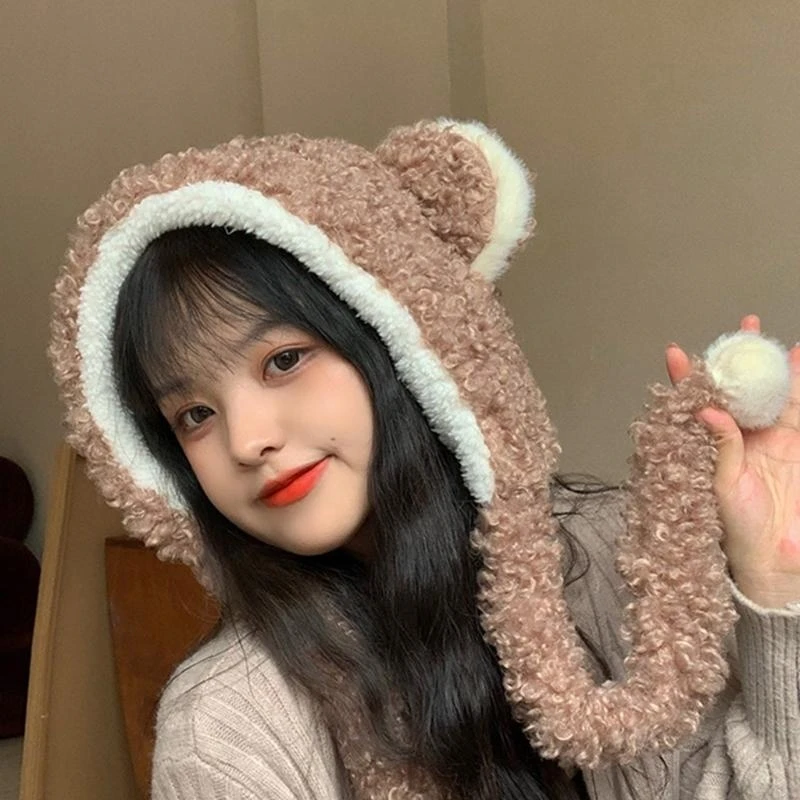 Dulce lindo oso/orejas conejo sombrero con bufanda 2 en 1 peludo leifeng sombrero diadema gorra para hombres mujeres niñas a