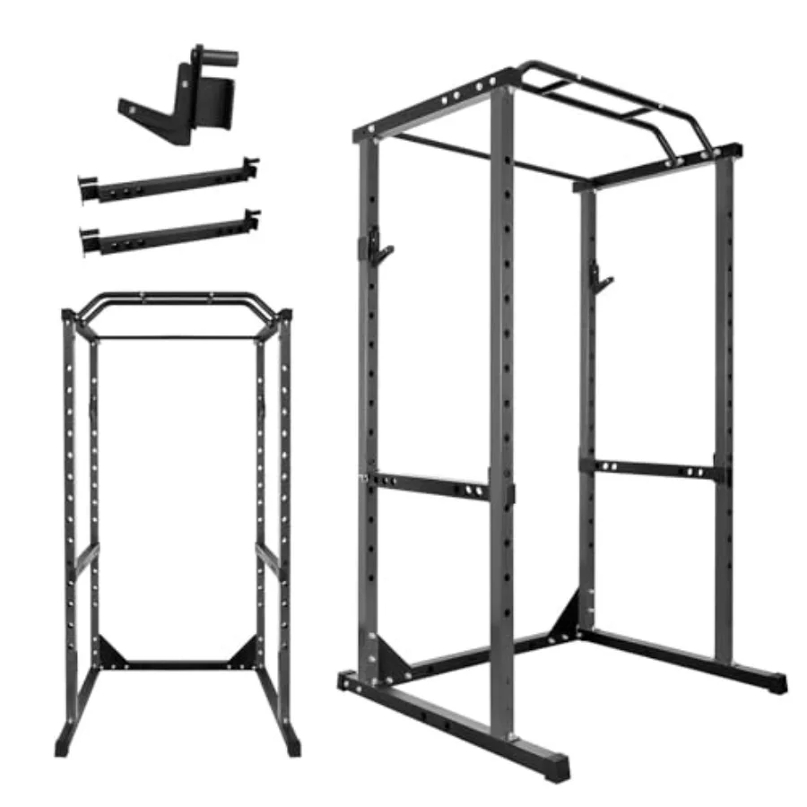 

Многофункциональная силовая рама (Power Cage) из углеродистой стали, грузоподъемность 1200 фунтов, с регулируемыми J-образными крюками и защитными рычагами, компактная конструкция.