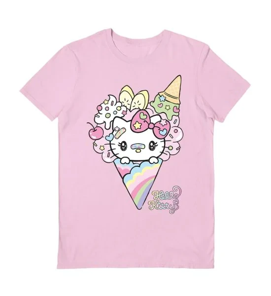 Hello Kitty T Shirt Sanrio Cartoon Hello Kitty in Rainbow Ice Cream Cone Fruit Candy Print Short Sleeve Cotton Pink Casual Tees