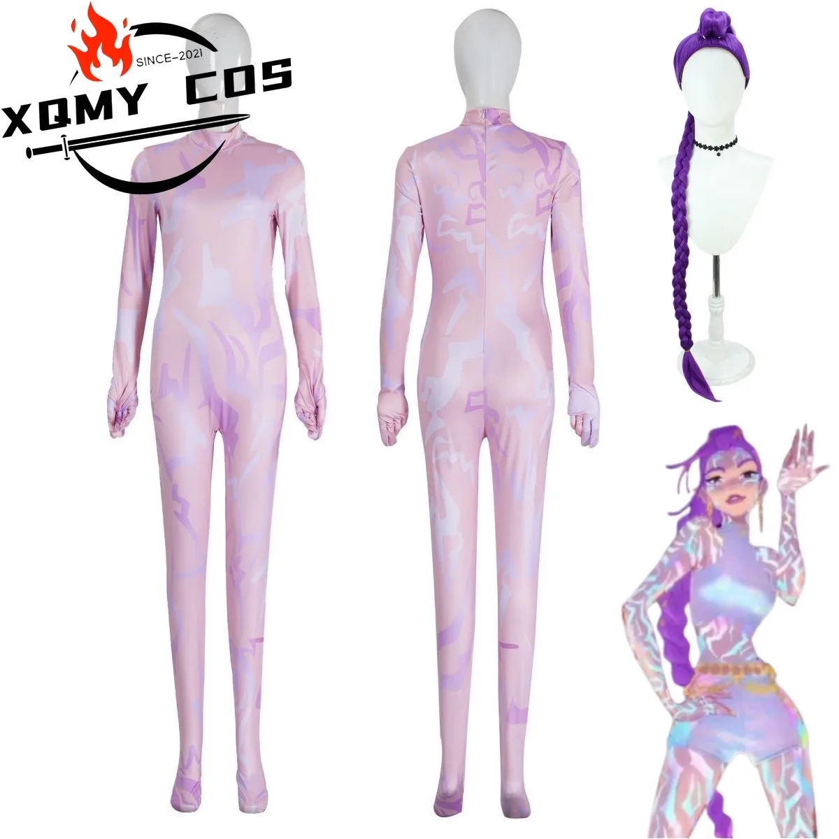 

XQAnime фильмы KPop охотники на демонов Руми косплей костюм маскировка для девочек розовый комбинезон боди парик женский сексуальный карнавальный костюм